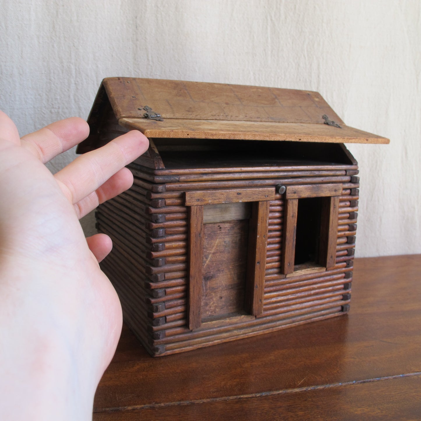 Miniature log cabin with interior made of cigar boxes, c. 1900 vintage antique