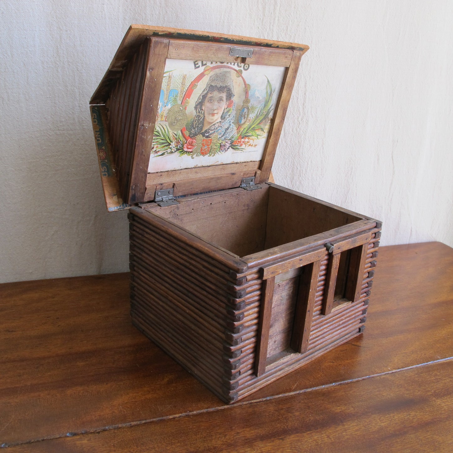 Miniature log cabin with interior made of cigar boxes, c. 1900 vintage antique