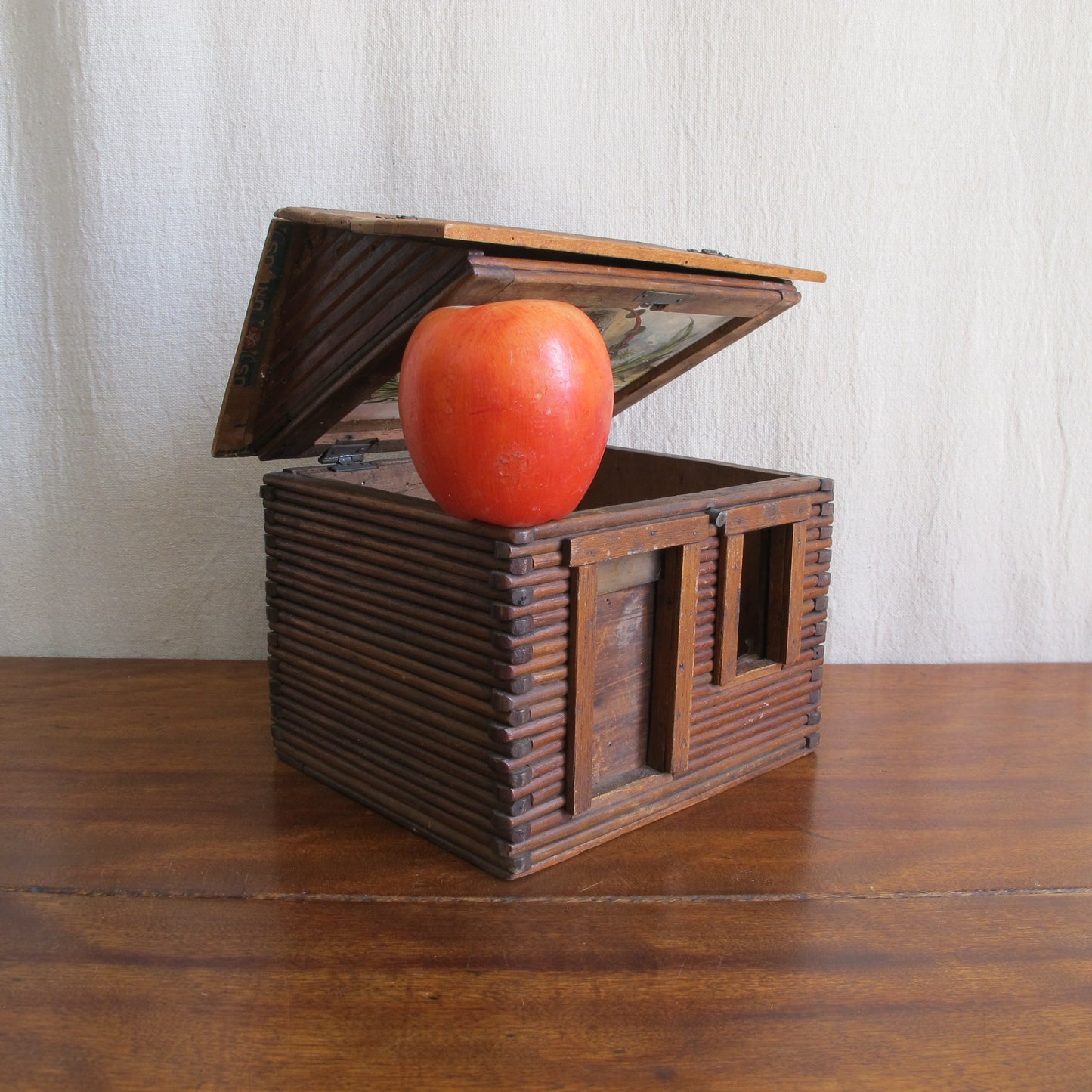 Miniature log cabin with interior made of cigar boxes, c. 1900 vintage antique