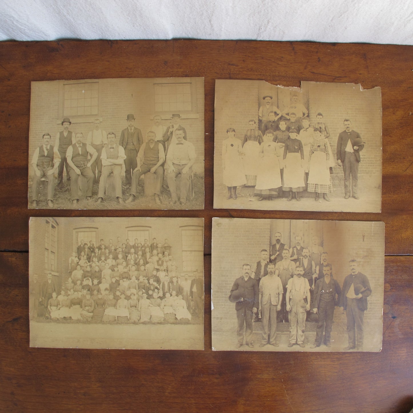 Four related 19th century factory photos depicting everyone who worked in this mill, from managers to machinists to laborers, most likely Massachusetts or Rhode Island, c. 1890, vintage antique