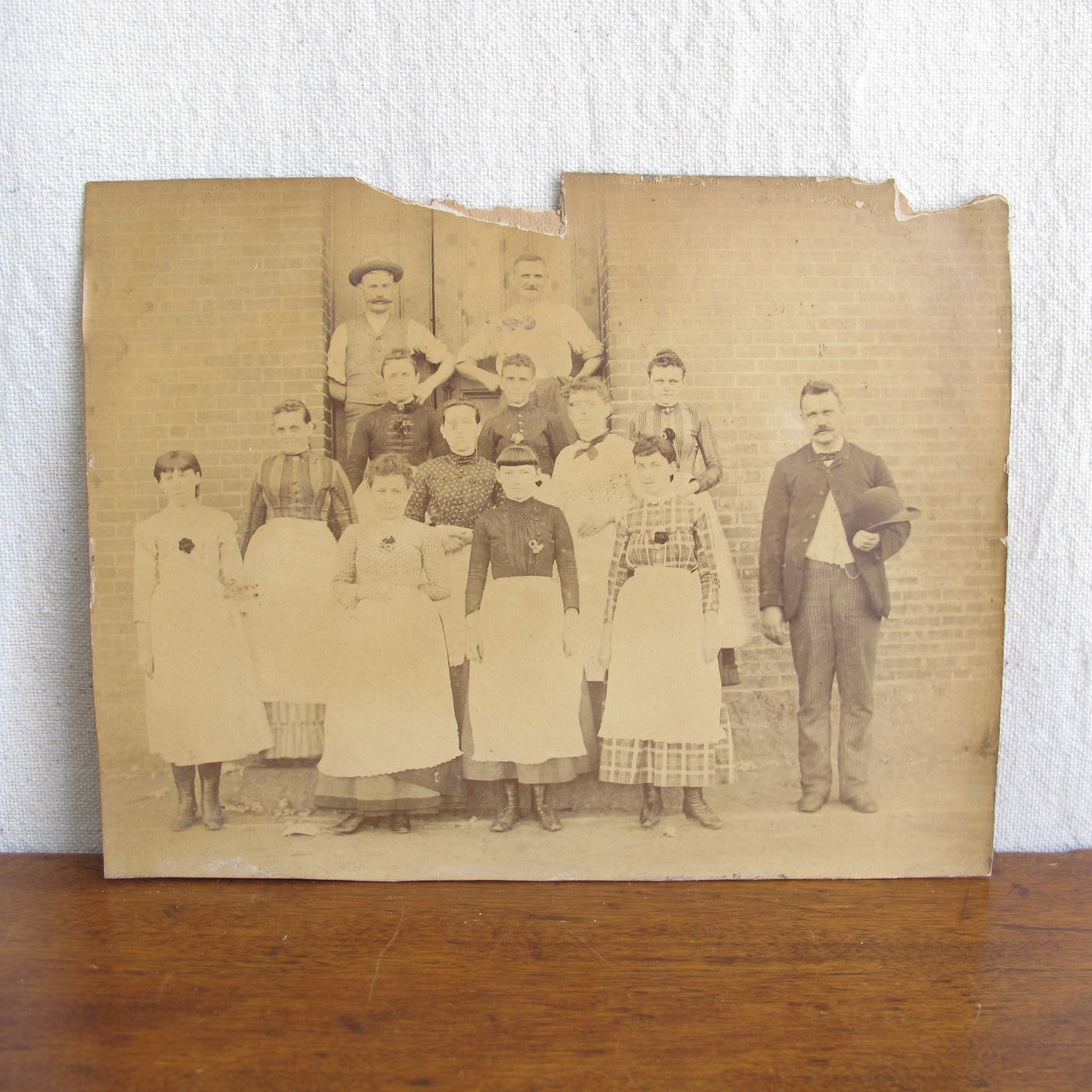 Four related 19th century factory photos depicting everyone who worked in this mill, from managers to machinists to laborers, most likely Massachusetts or Rhode Island, c. 1890, vintage antique