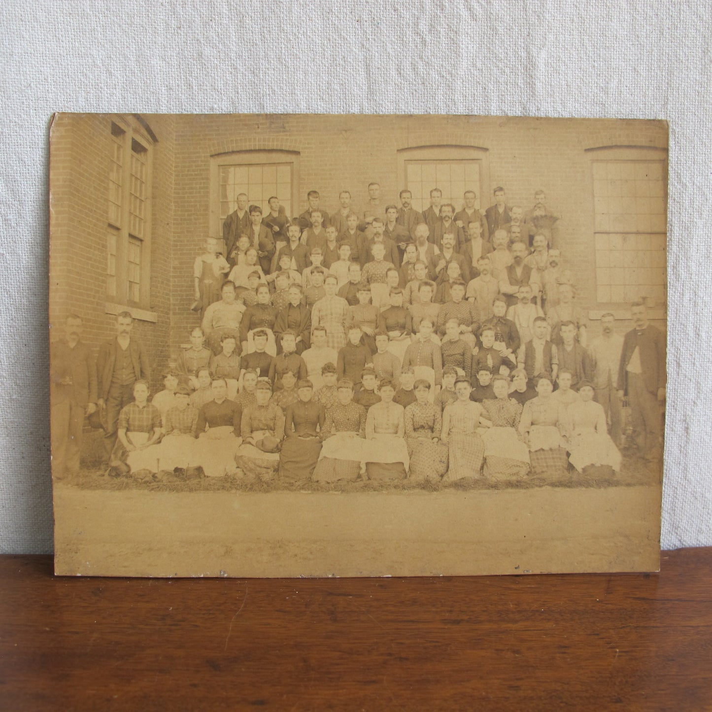 Four related 19th century factory photos depicting everyone who worked in this mill, from managers to machinists to laborers, most likely Massachusetts or Rhode Island, c. 1890, vintage antique