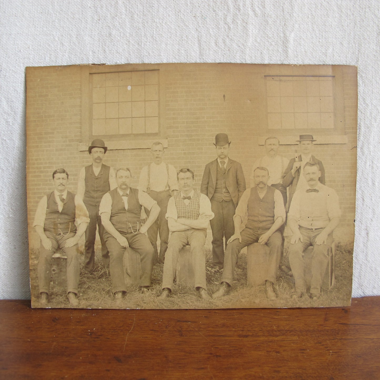 Four related 19th century factory photos depicting everyone who worked in this mill, from managers to machinists to laborers, most likely Massachusetts or Rhode Island, c. 1890, vintage antique