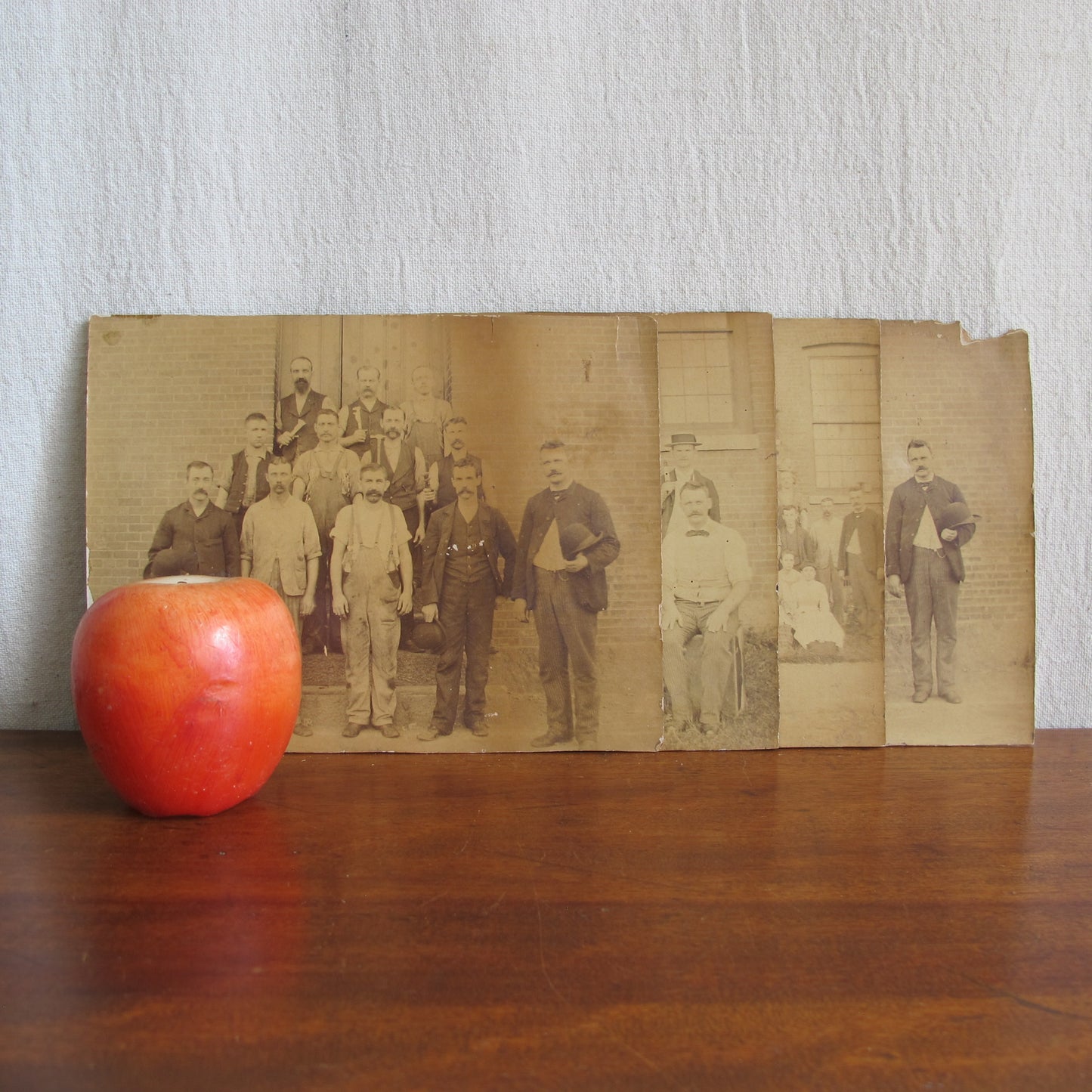 Four related 19th century factory photos depicting everyone who worked in this mill, from managers to machinists to laborers, most likely Massachusetts or Rhode Island, c. 1890, vintage antique