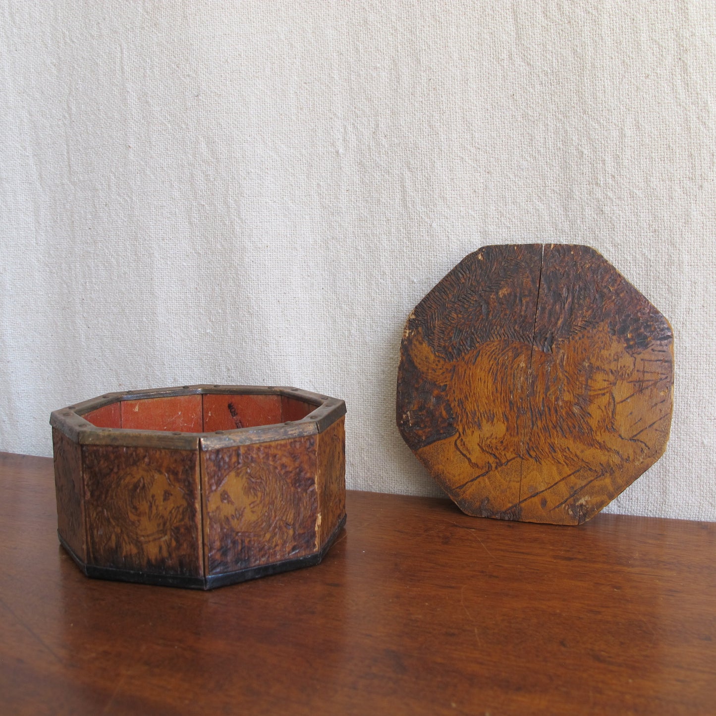 Octogonal box covered in Pyrographic cat decoration, burnt wood drawings, nine cats in total and each slightly different, very unusual form, c. 1910 vintage antique