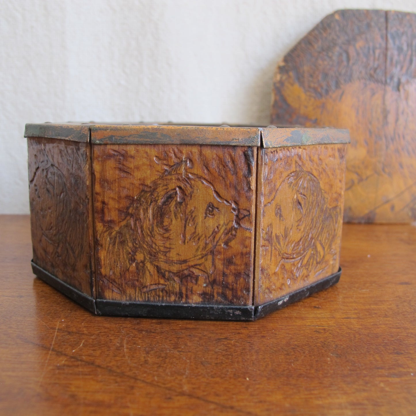 Octogonal box covered in Pyrographic cat decoration, burnt wood drawings, nine cats in total and each slightly different, very unusual form, c. 1910 vintage antique