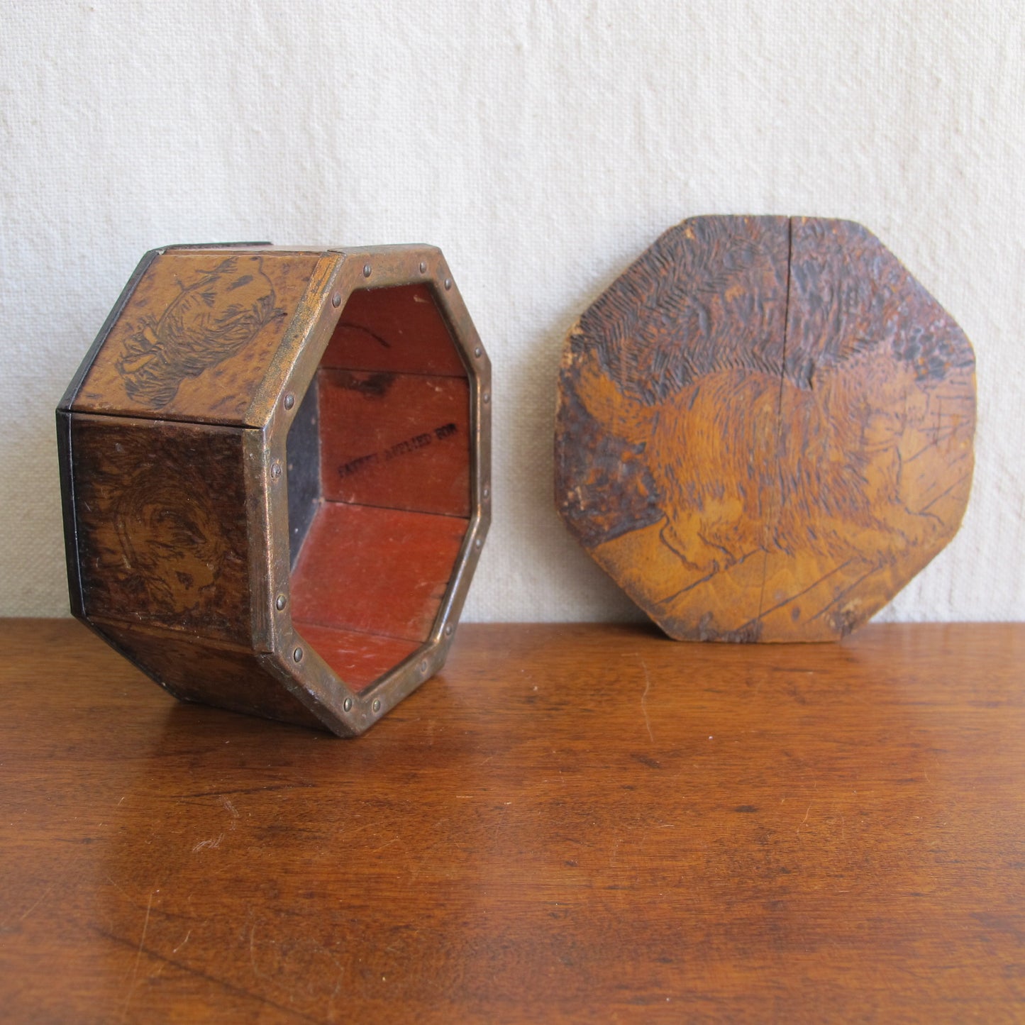 Octogonal box covered in Pyrographic cat decoration, burnt wood drawings, nine cats in total and each slightly different, very unusual form, c. 1910 vintage antique