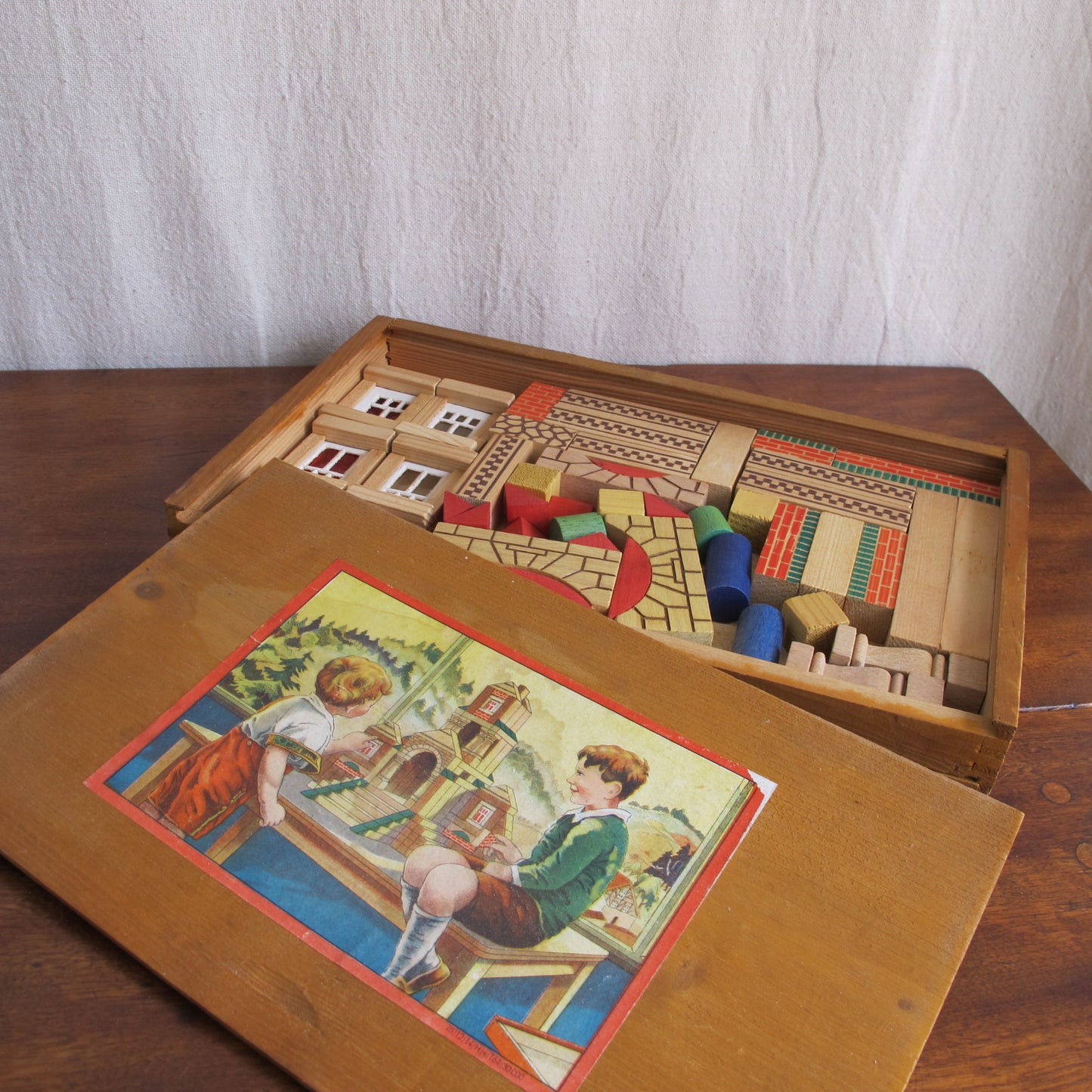 Architectural toy building block set in wood with paper and mica, made in Germany, c. 1920 vintage antique