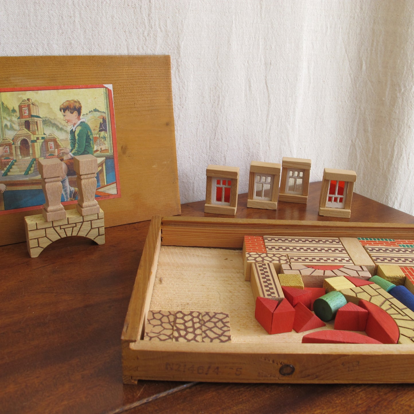 Architectural toy building block set in wood with paper and mica, made in Germany, c. 1920 vintage antique