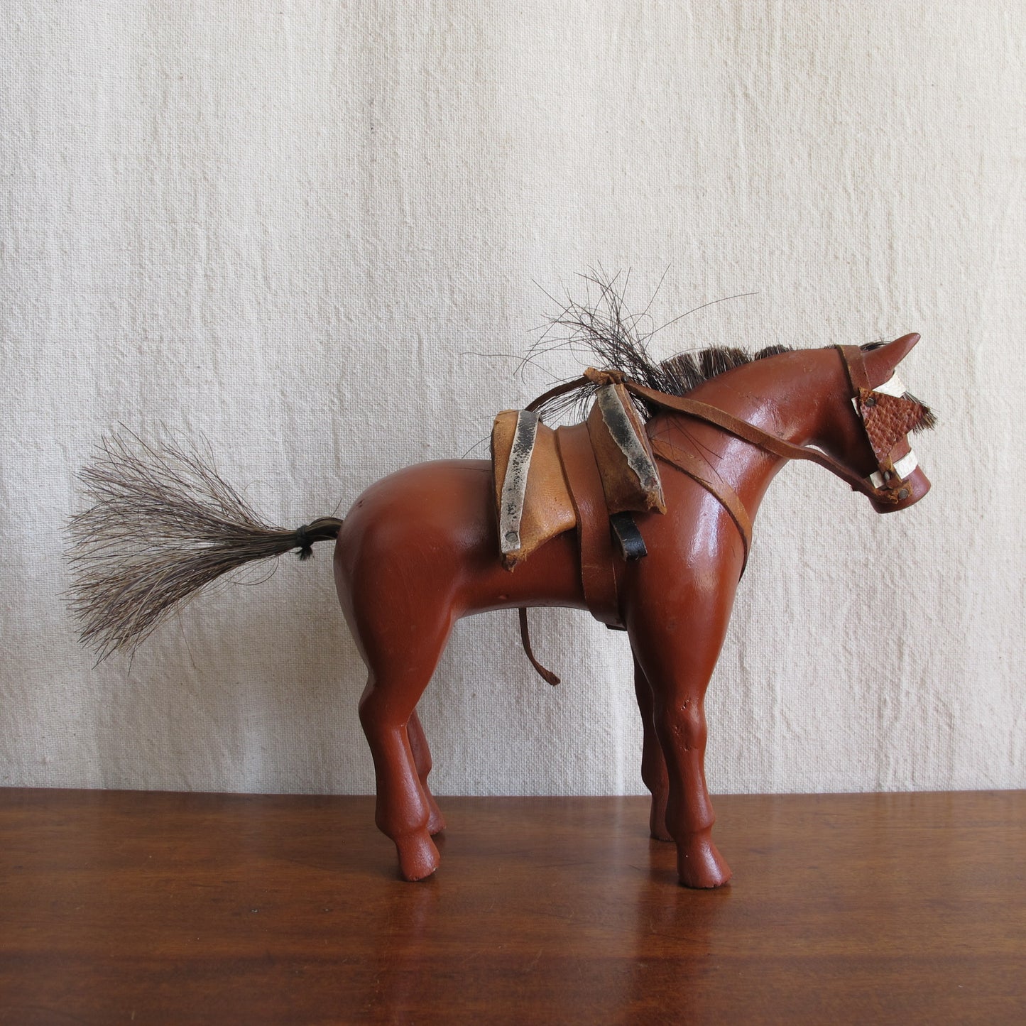 Folk art American dray horse toy, c. 1900., entirely handcarved with real horsehair, vintage antique