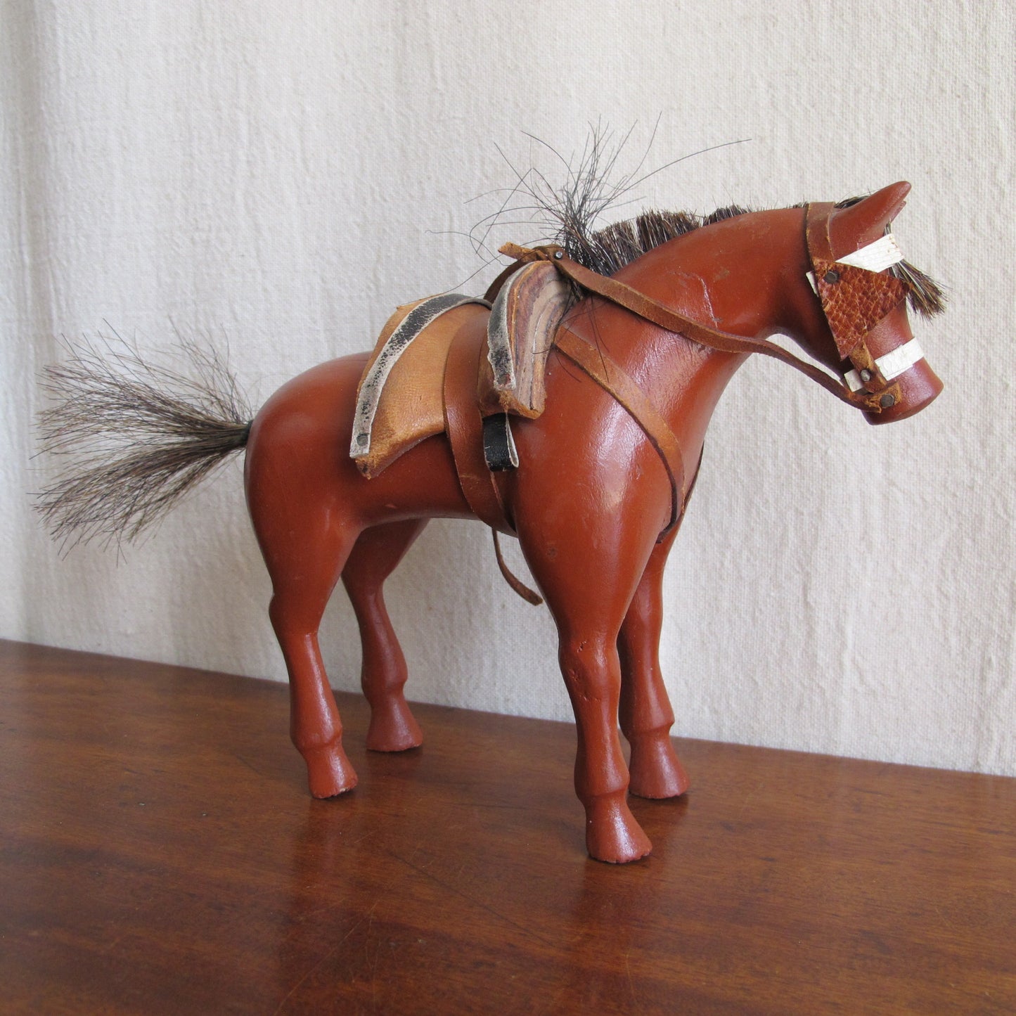 Folk art American dray horse toy, c. 1900., entirely handcarved with real horsehair, vintage antique