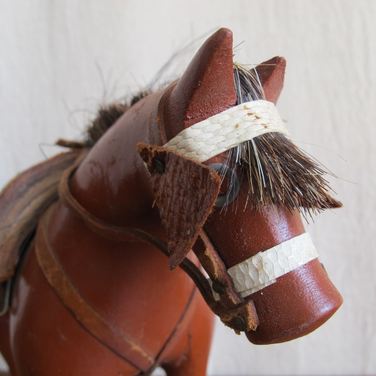 Folk art American dray horse toy, c. 1900., entirely handcarved with real horsehair, vintage antique