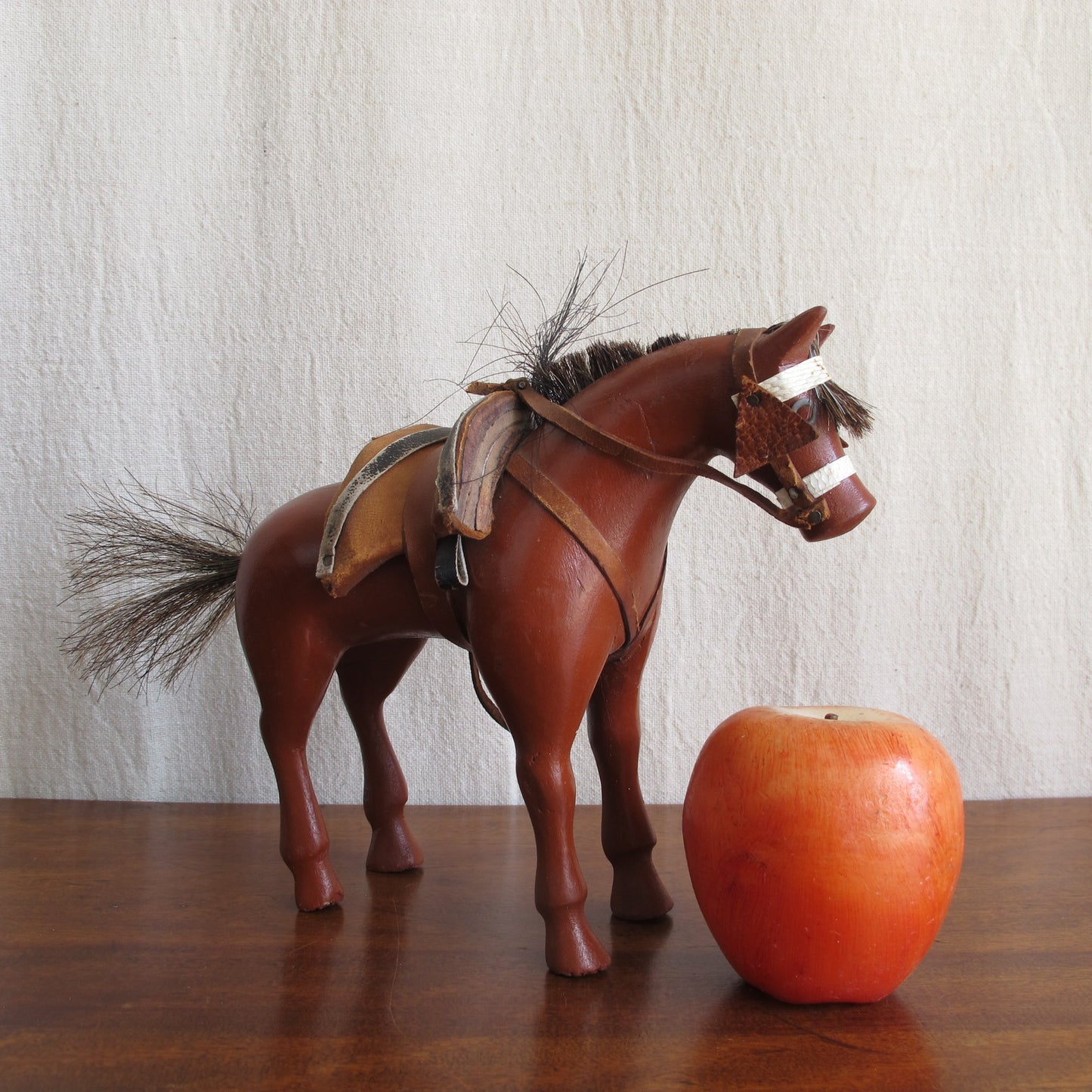 Folk art American dray horse toy, c. 1900., entirely handcarved with real horsehair, vintage antique