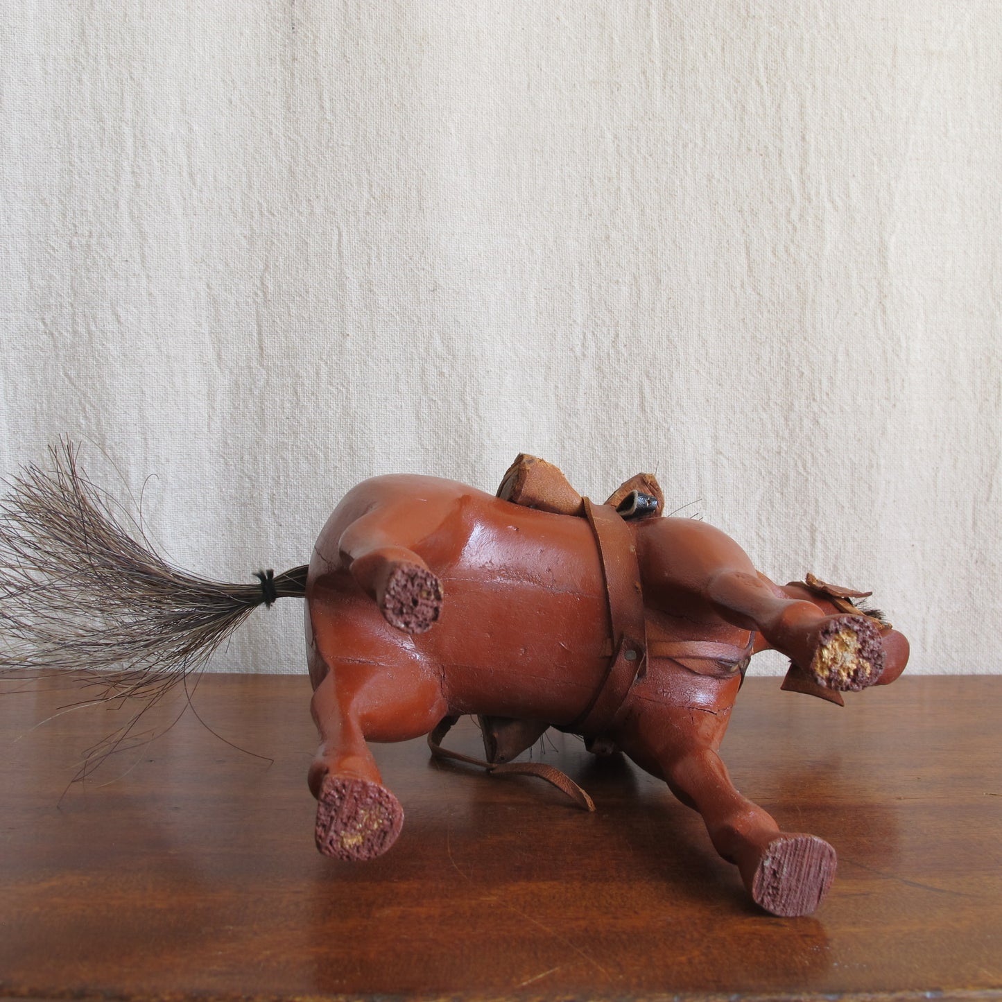 Folk art American dray horse toy, c. 1900., entirely handcarved with real horsehair, vintage antique