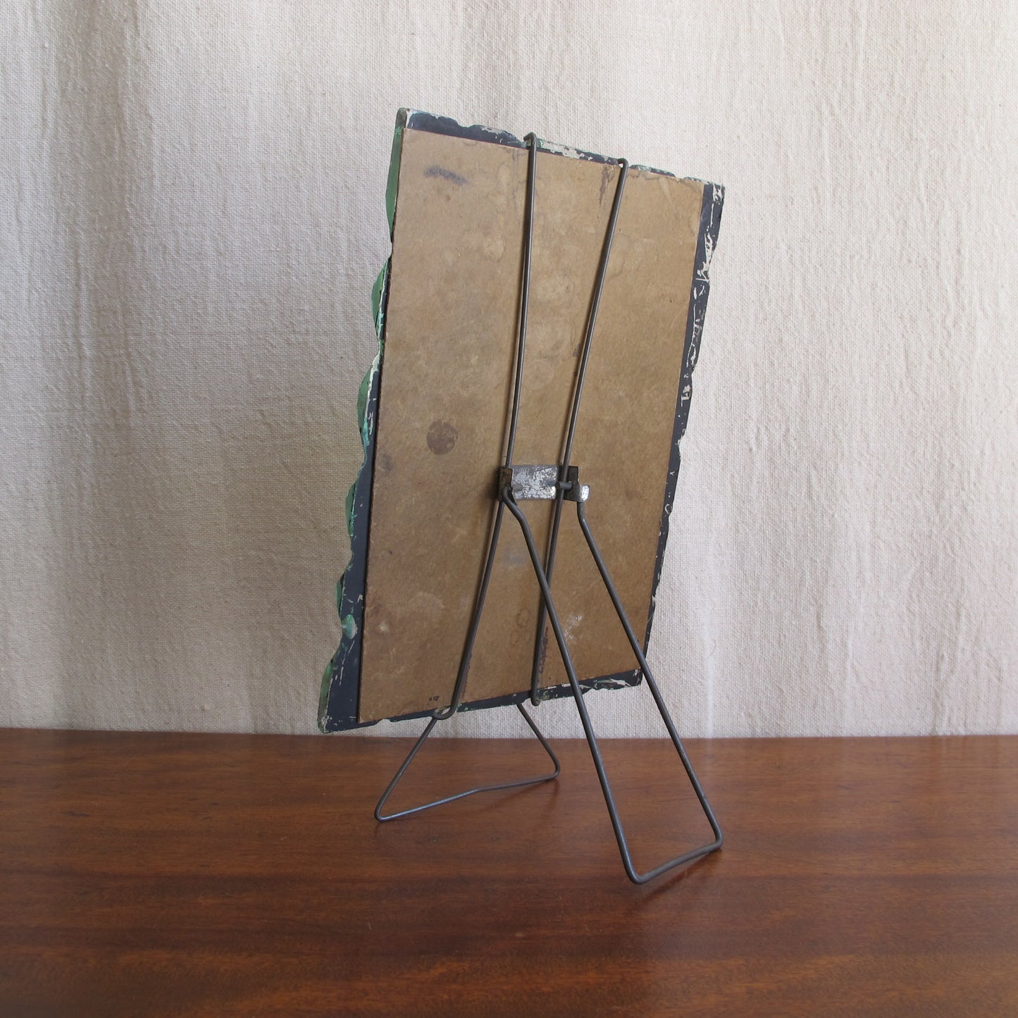 Edwardian dressing or shaving mirror, c. 1900 1910, with unusual intentionally chipped edges and wireframe stand, antique vintage