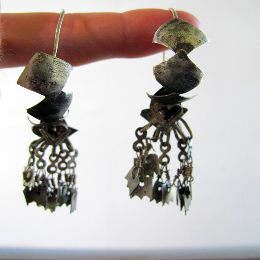 Earrings Indian Coin Silver Vintage Antique Traditional Chandelier Pierced