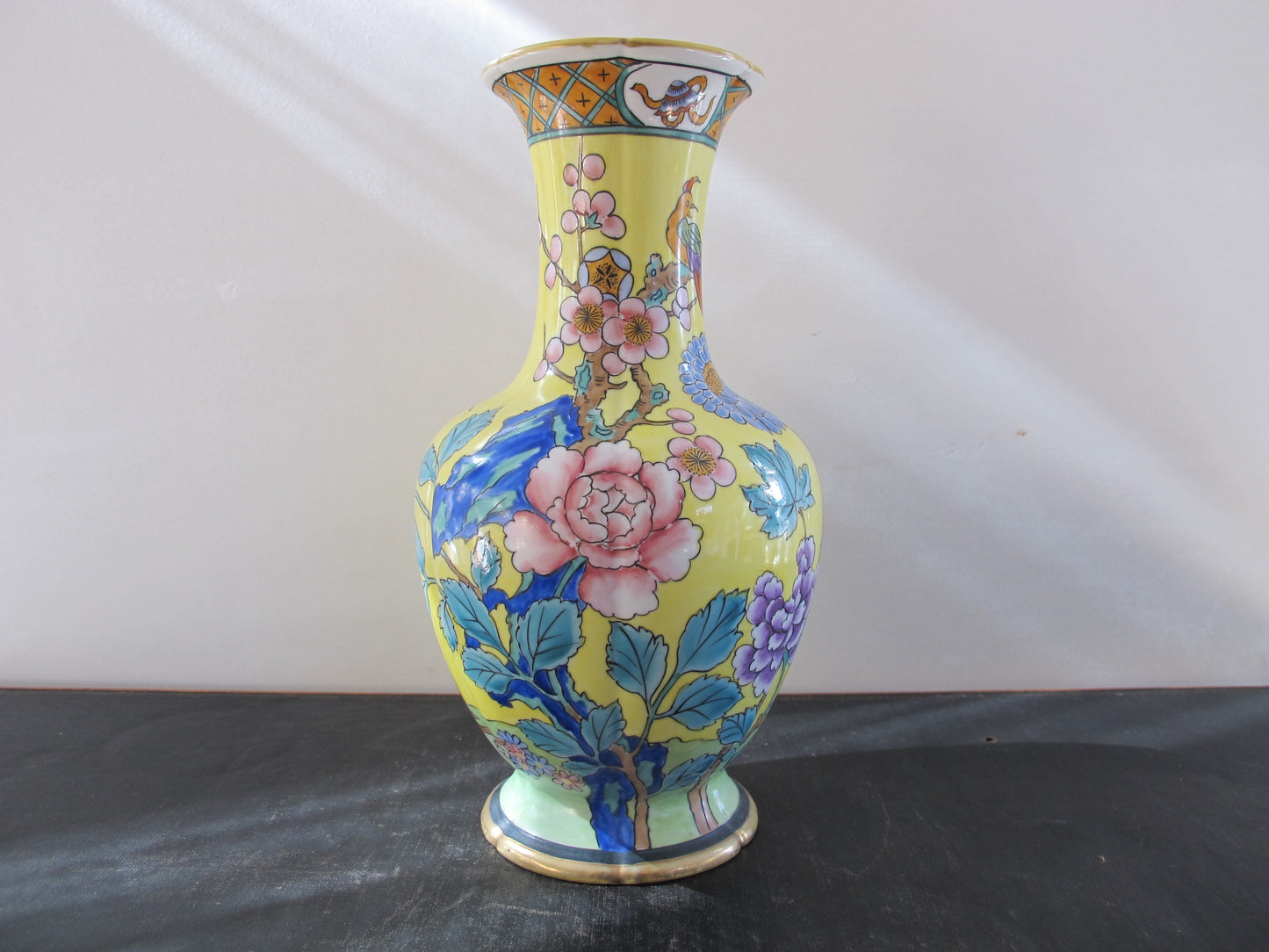 Vase Nippon Prunus Bird of Paradise Camellia Yellow Famille Jaune Japanese in Chinese Style Blue Magenta Teal