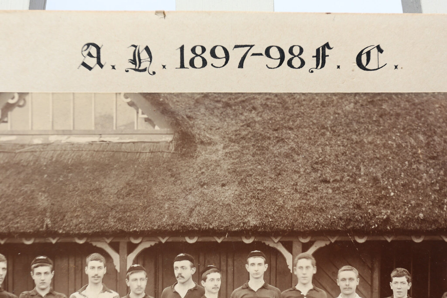 Antique Large Format Photograph Rugby Team Photo 1897-1898 Old Honitionian Thatch Roof Rugby Stripes Fully Labeled Hand Calligraphy