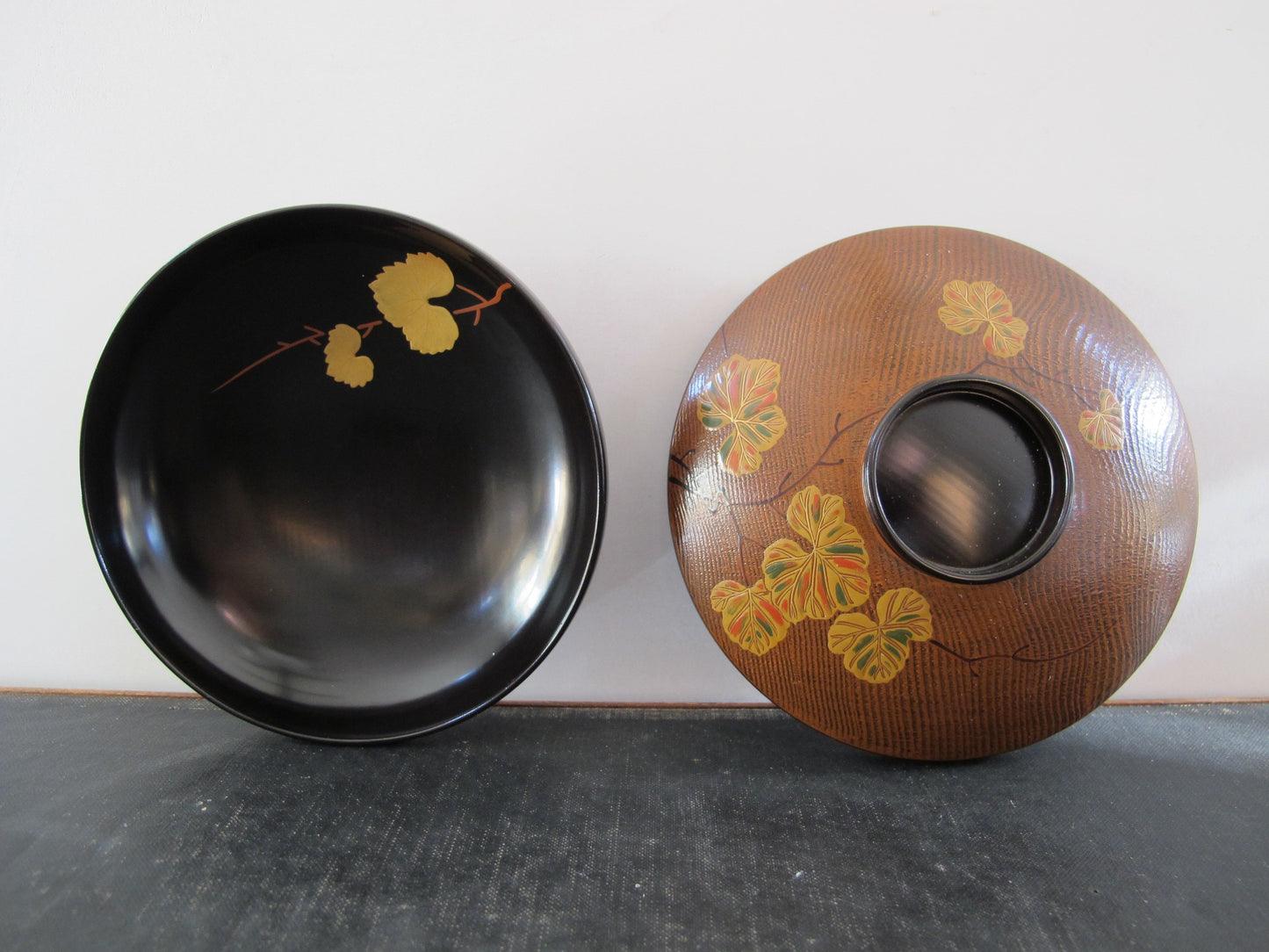 Japanese Lacquer Covered Bowls Pair Midcentury c. 1960 Faux Bois Black Gold Orange Green Autumnal Fall Grape Leaves Lids as Bowls