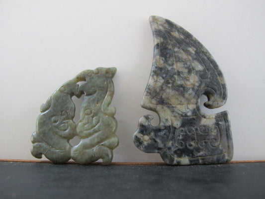 Hardstone Pair Jade Nephrite Carving Chinese Antique Vintage Archaic Forms Two 2