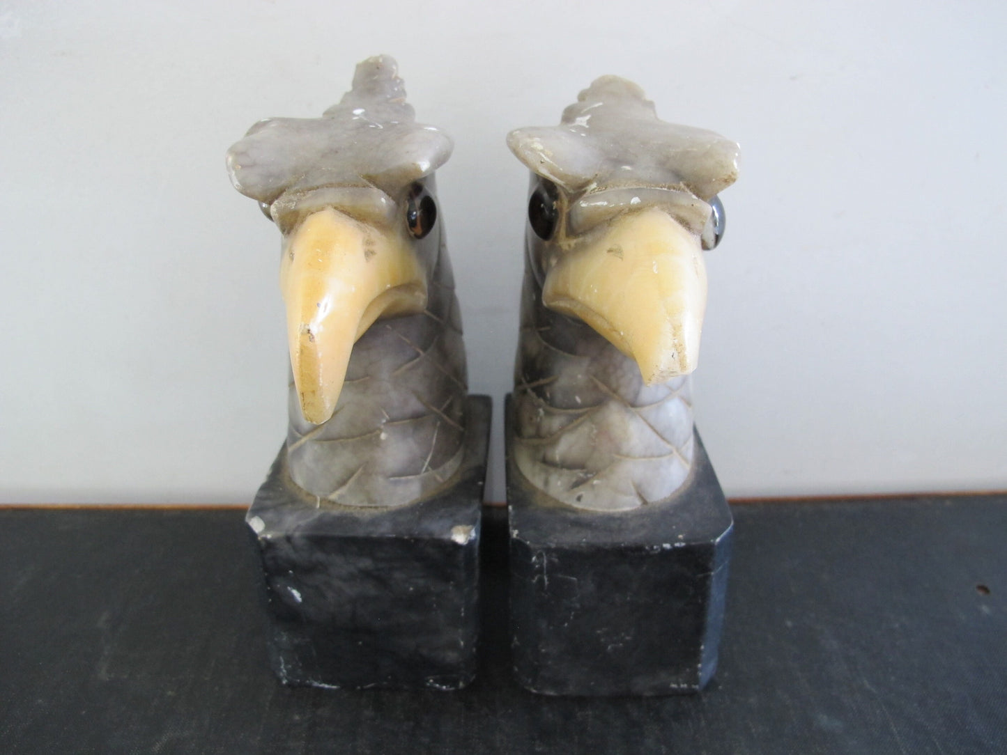 Bookends Polychrome Alabaster Eagles Glass Eyes Exceptionally Rare 1900s 1910s Edwardian