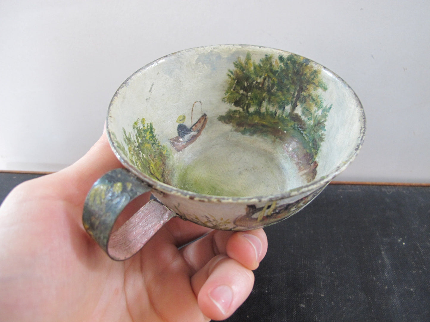 Tole Fishing Teacup Signed Dated 1890s Naive American Folk Art