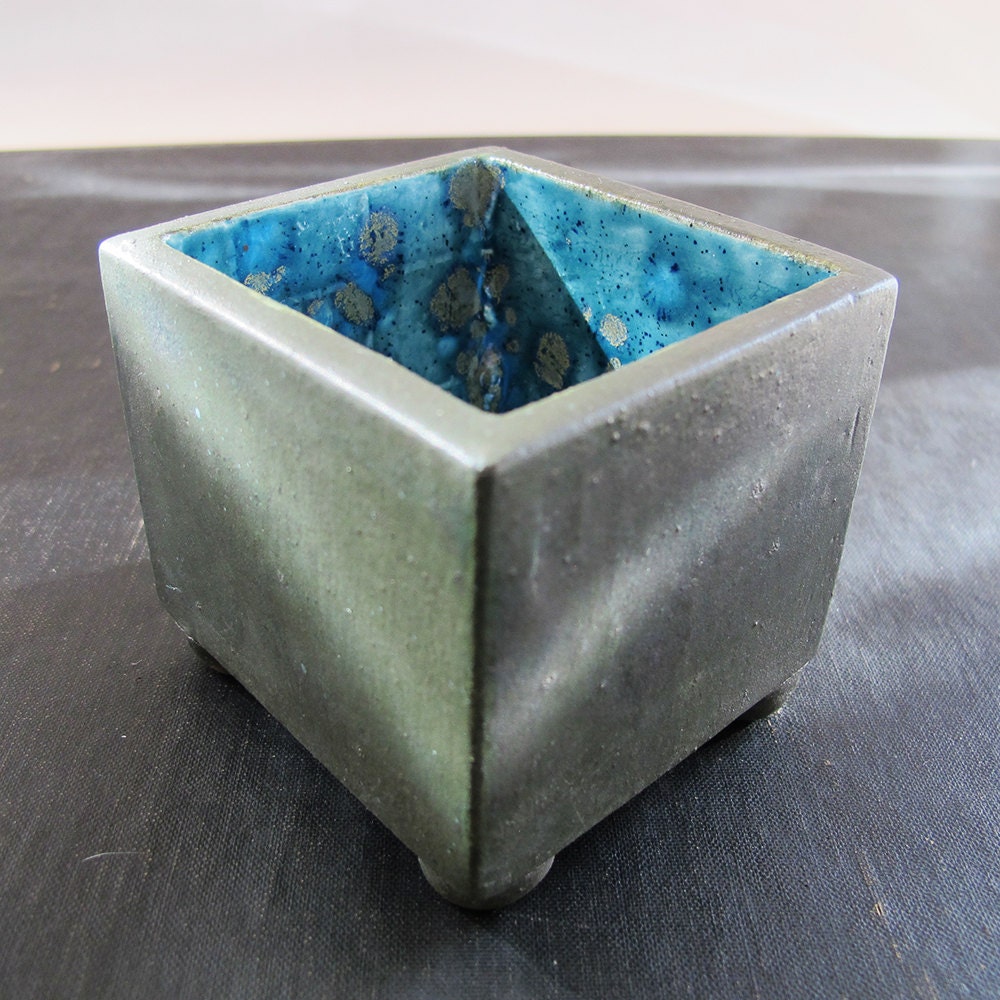 Art Pottery Cube Vessel American Studio Pottery 1960s Pine Green Turquoise Blue