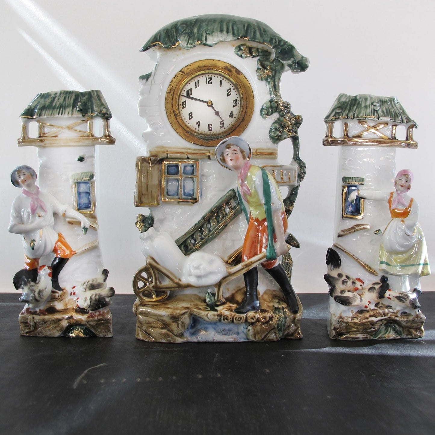 Clock German Porcelain Garniture German Miller Farmer Chickens Mill 1920s "Art Deco Staffordshire"