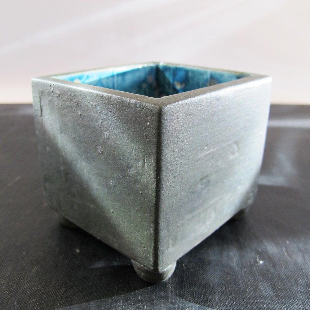 Art Pottery Cube Vessel American Studio Pottery 1960s Pine Green Turquoise Blue