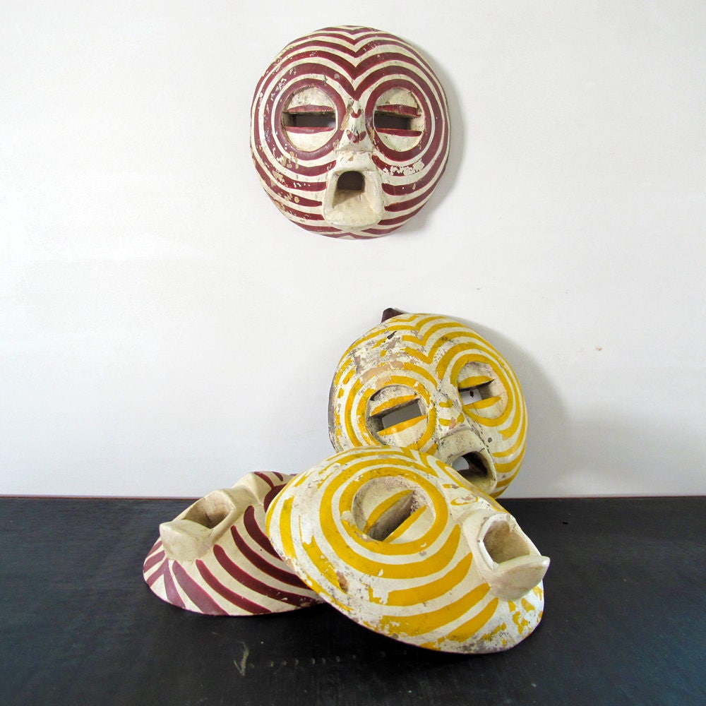 Miniature African Mask Set Four Red Yellow White Stripes Collection 1970s Childrens Child-Size
