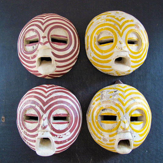 Miniature African Mask Set Four Red Yellow White Stripes Collection 1970s Childrens Child-Size