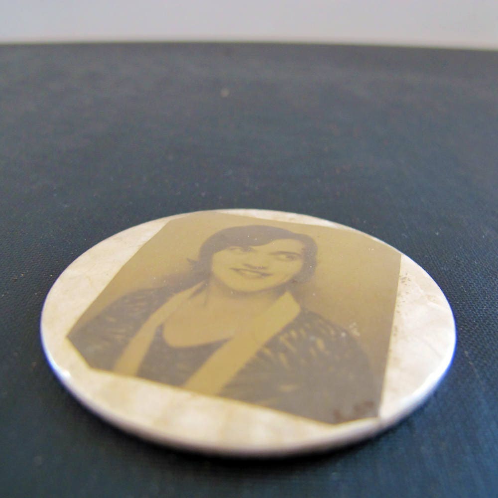 Compact Hand Mirror Flapper 1920s Handmade Miniature Portrait