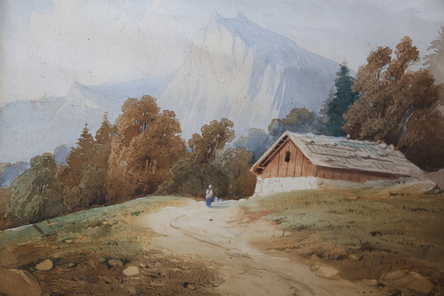 Charles Louis Guigon Painting Watercolor Swiss Alps Mountains Switzerland Original (1807-1882) Signed