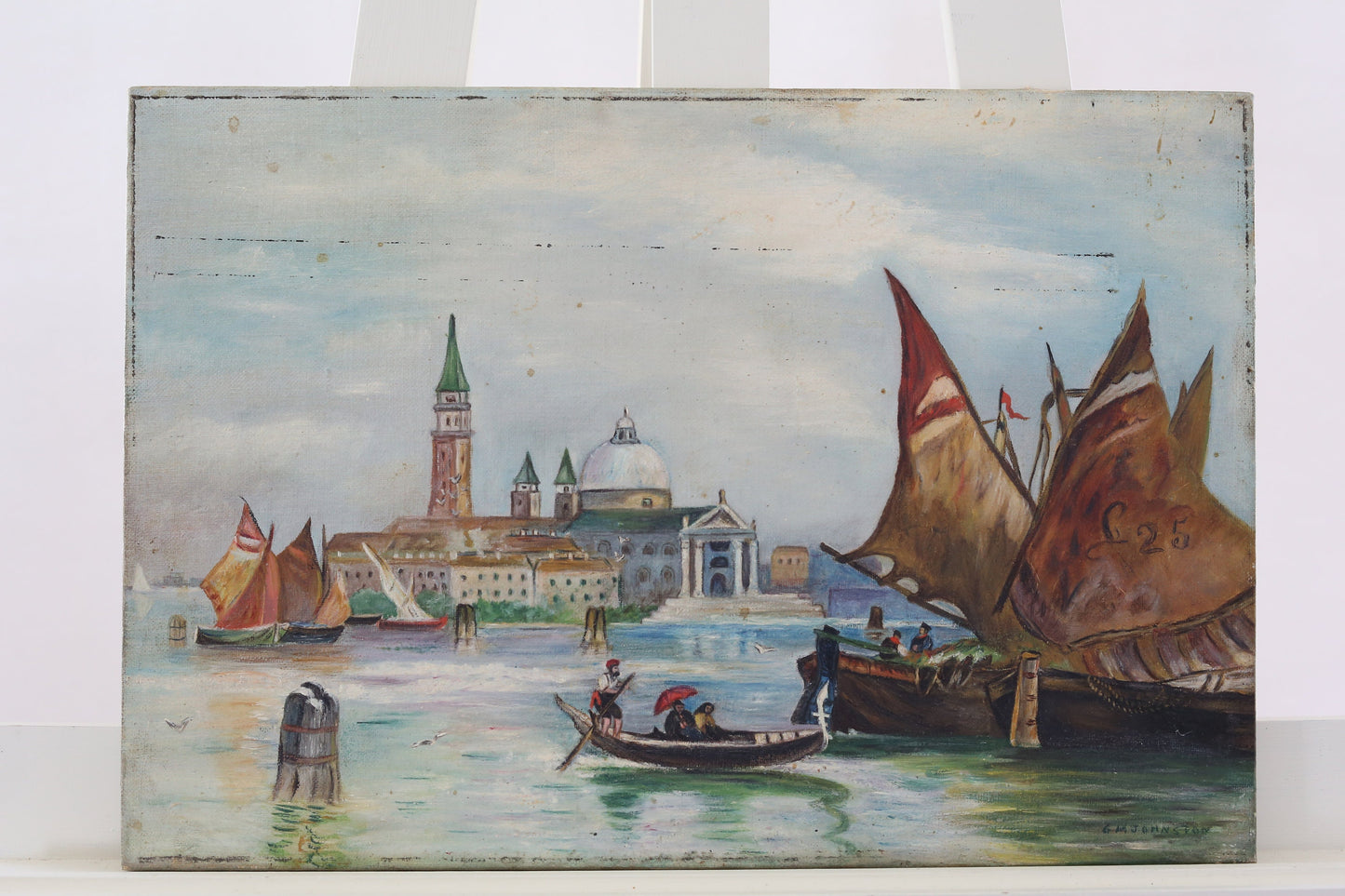 Painting on Canvas Venice Oil on Canvas ca 1900-1910 Signed GM Johnston Original Harbor Nautical Italy Antique Grand Canal Gondolas