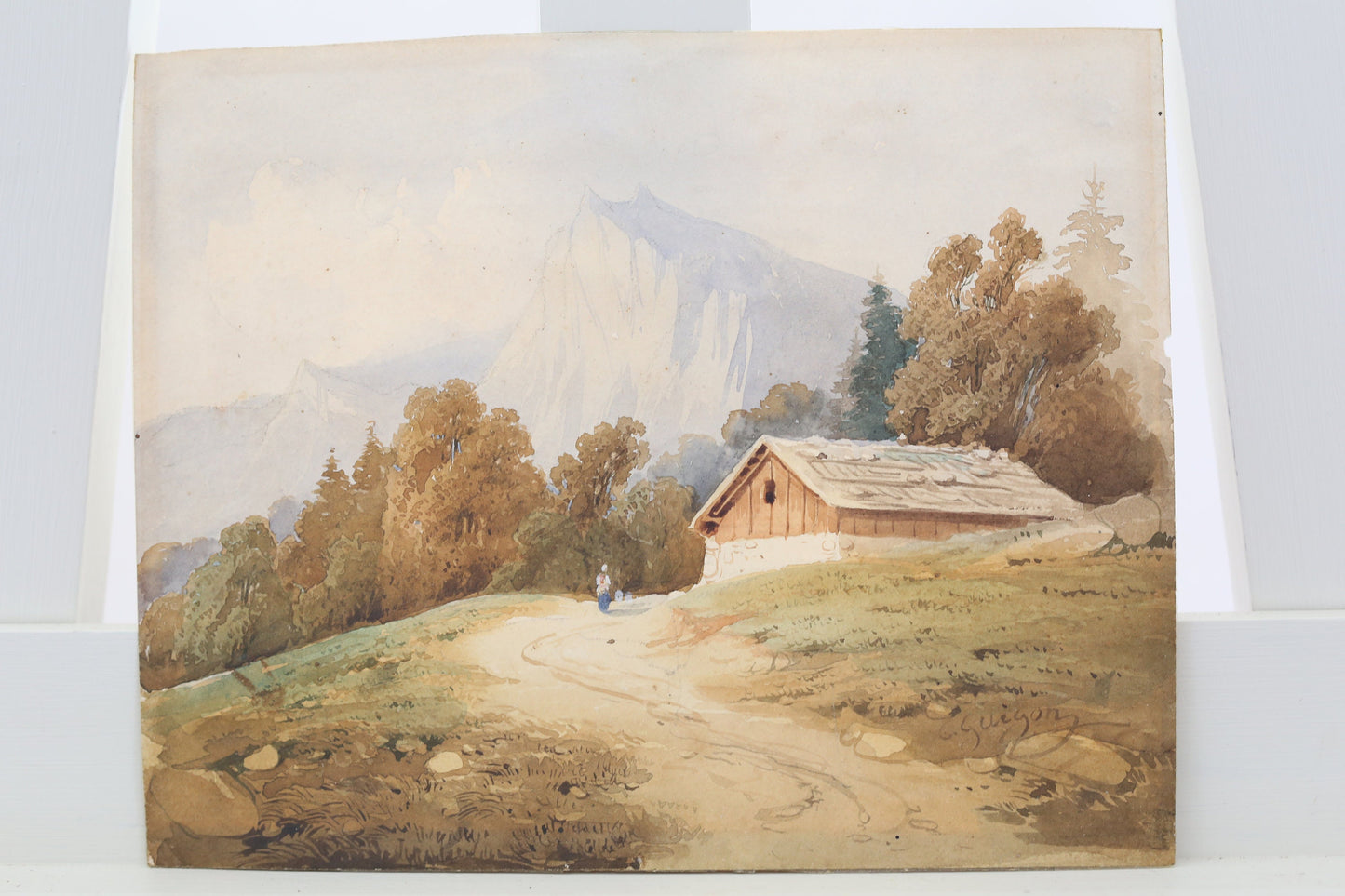 Charles Louis Guigon Painting Watercolor Swiss Alps Mountains Switzerland Original (1807-1882) Signed