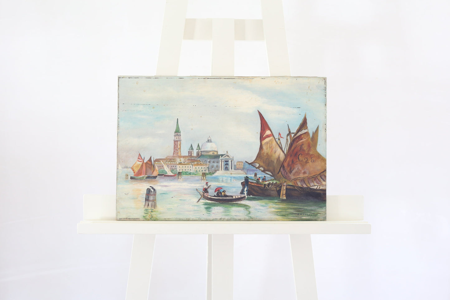 Painting on Canvas Venice Oil on Canvas ca 1900-1910 Signed GM Johnston Original Harbor Nautical Italy Antique Grand Canal Gondolas