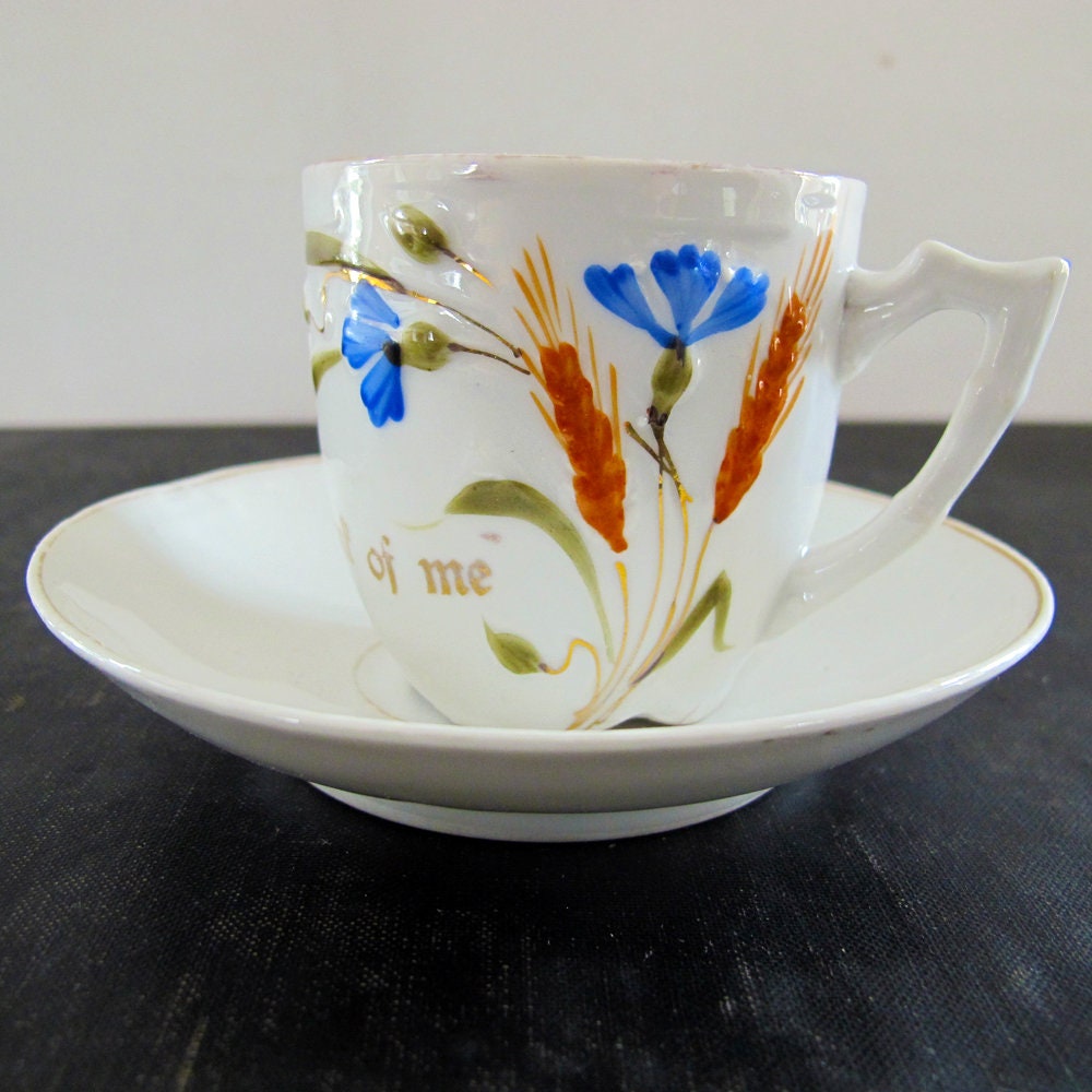 Cup and Saucer "Think of Me" Golden Wheat Blue Flax Flowers Made in Germany 1900