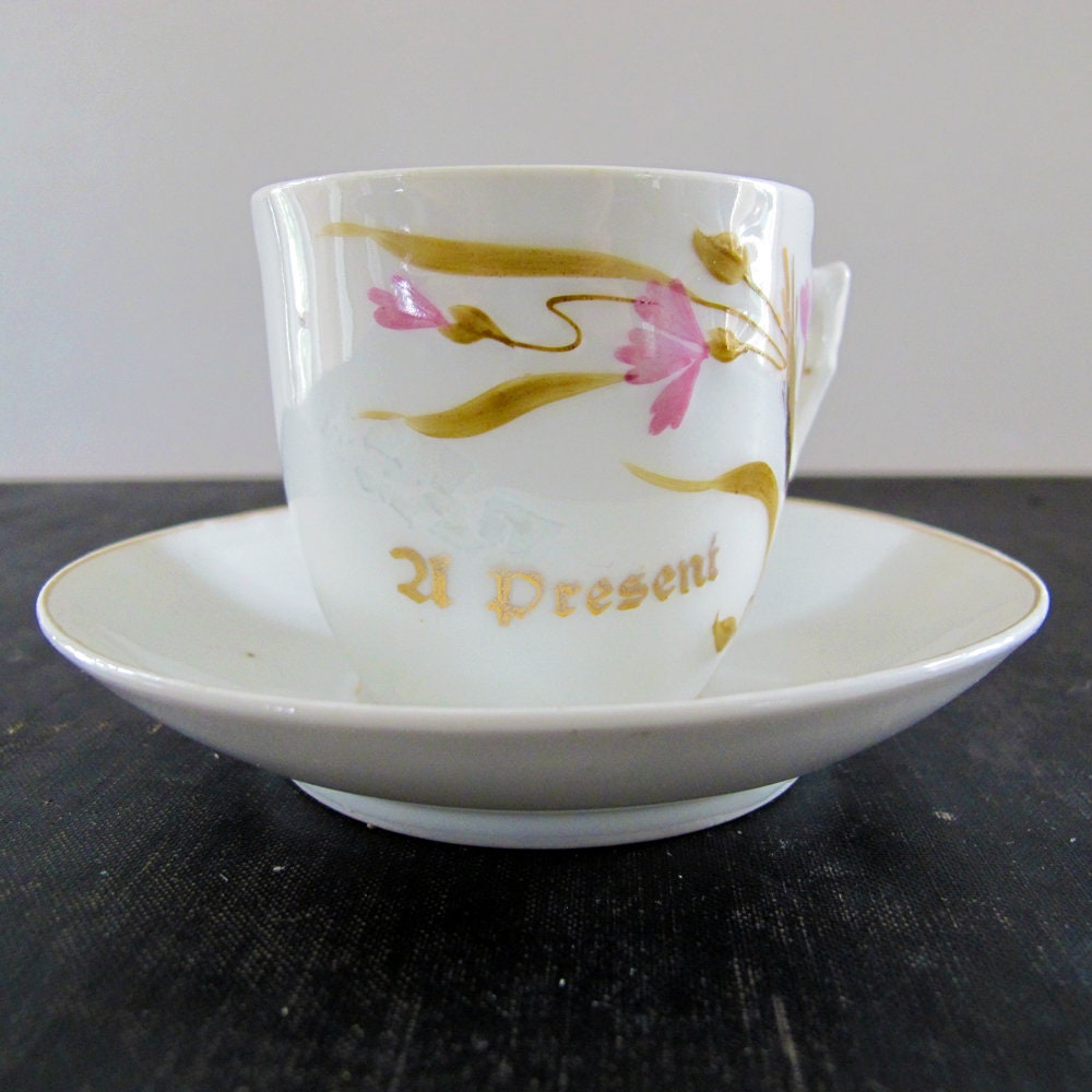 Cup and Saucer "A Present" Golden Wheat Pink Flax Flowers  Made in Germany 1900