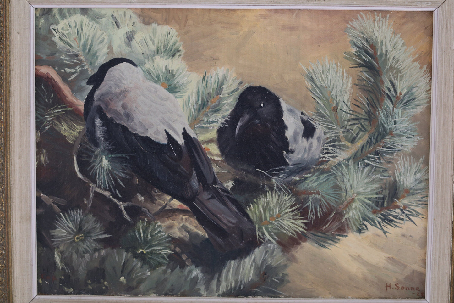 Painting Scandinavian Birds Danish Hooded Crows Henriette Sonne Oil Original Framed Signed Winter Interior Design Wall Hanging