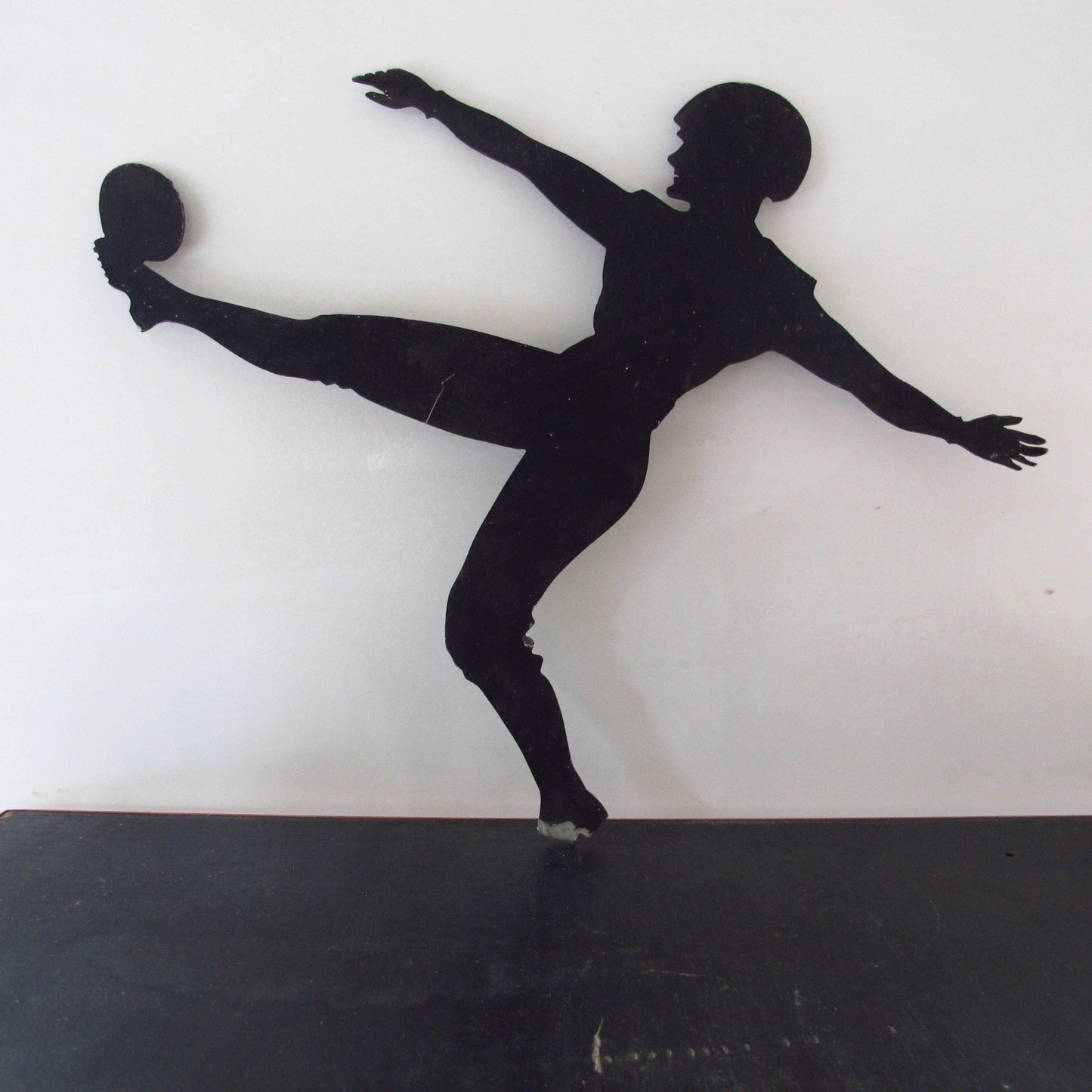 Football Player Kickoff Cut Metal Silhouette 1930s Kicking Antique Sign