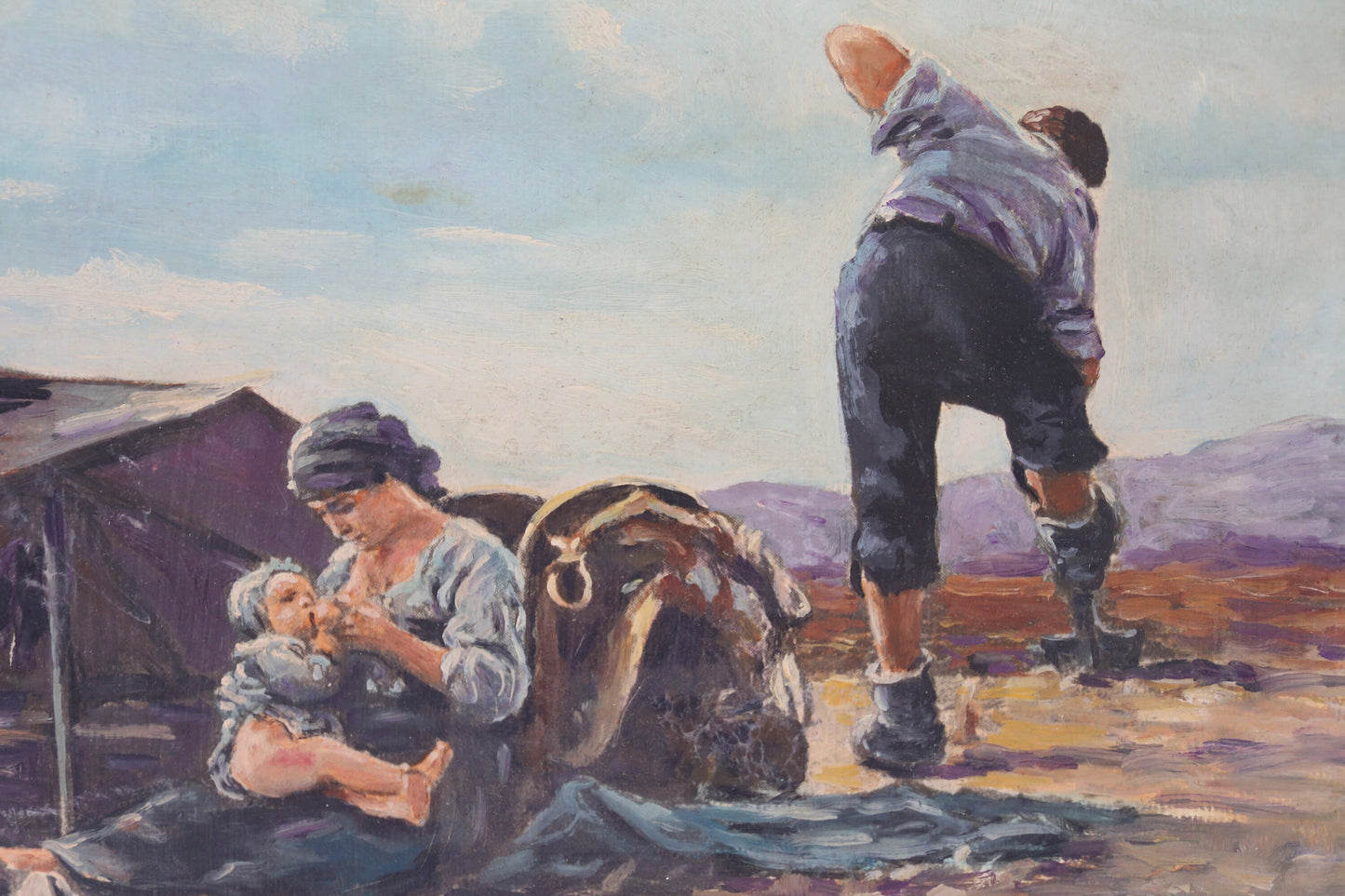 California Painting Western Pioneer Family Oil Original Breastfeeding Framed