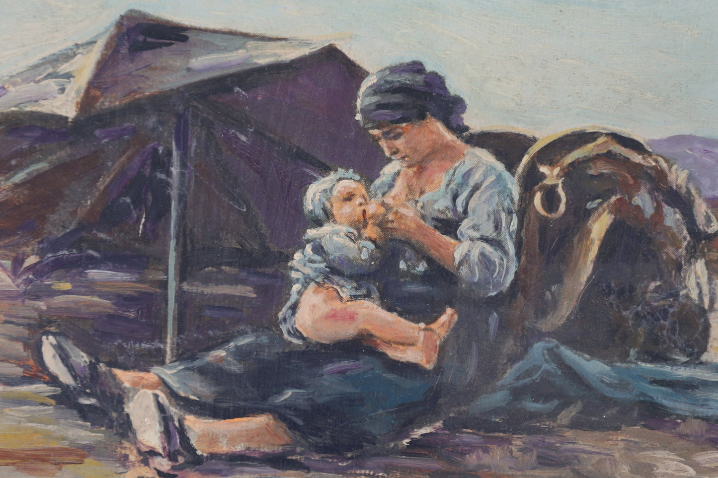 California Painting Western Pioneer Family Oil Original Breastfeeding Framed