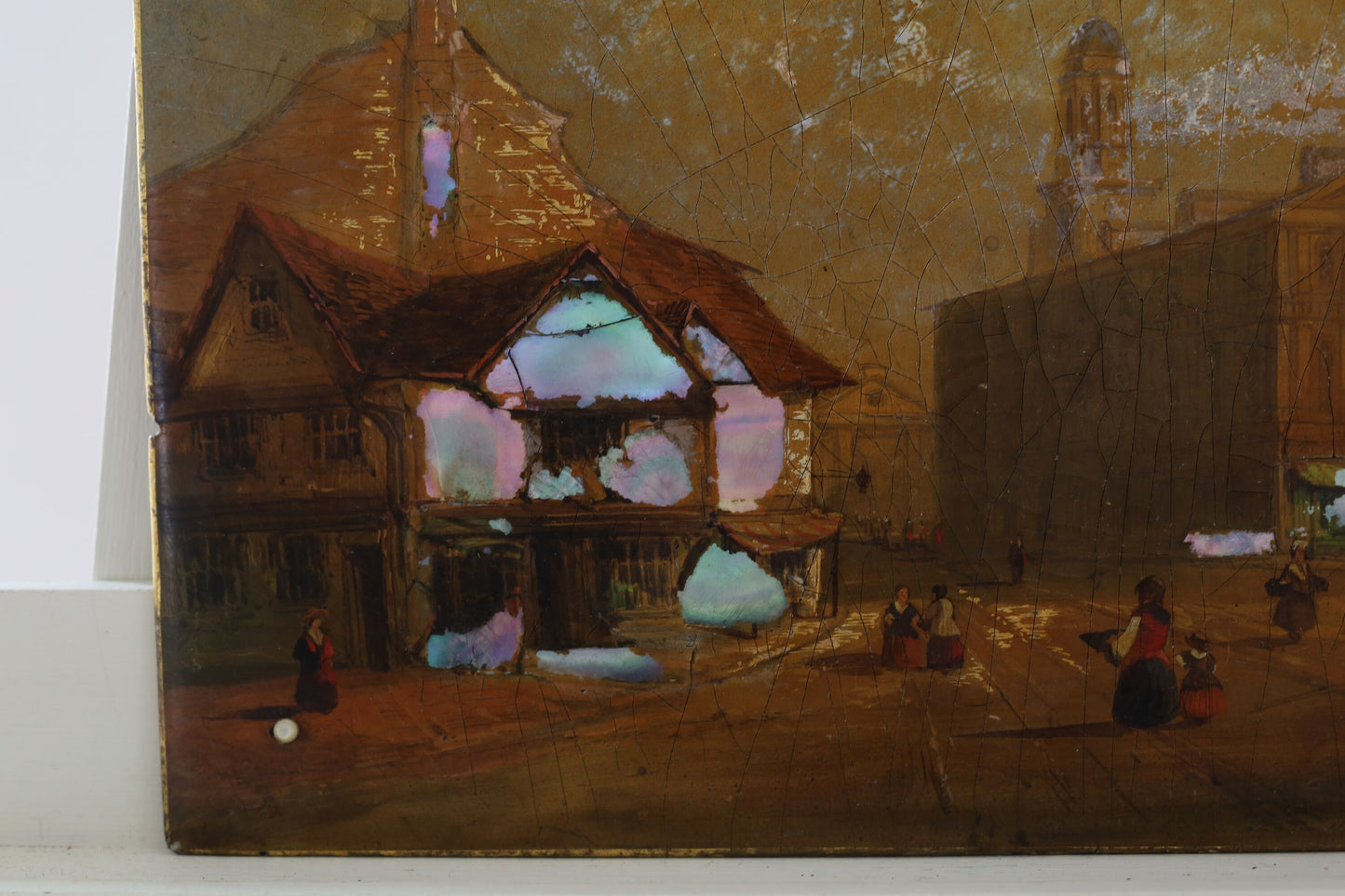 Boston Painting Oil Faneuil Hall on Board Boston Quincy Market Massachusetts Antique papier-mâché 1850s