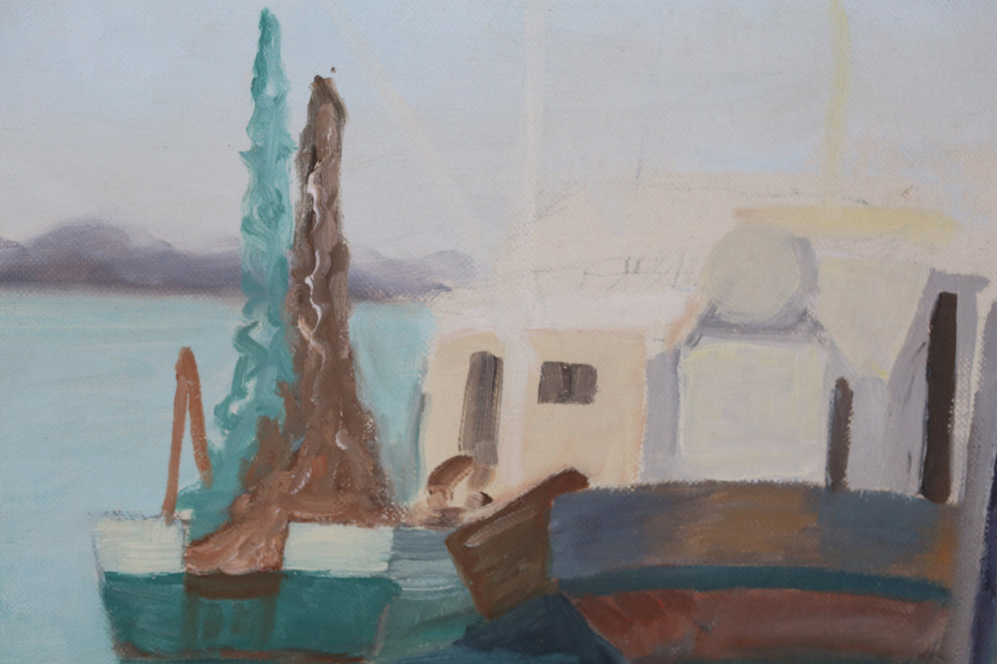 Oil Painting Massachusetts Harbor Scene Fishing Boat Dock Arthur Turcotte