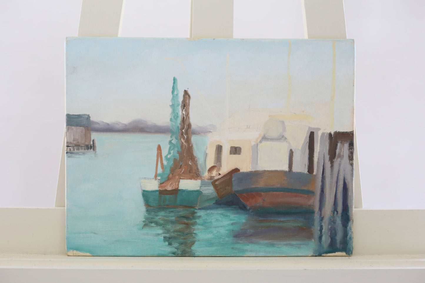 Oil Painting Massachusetts Harbor Scene Fishing Boat Dock Arthur Turcotte