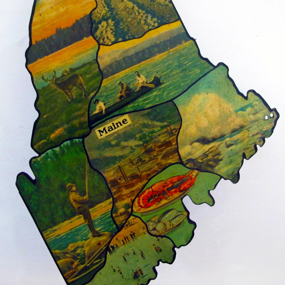 Maine Sign Chromo Litho Lithography Counties Lobster Seascape Fishing Canoe Industry Factory Potatoes 1940s