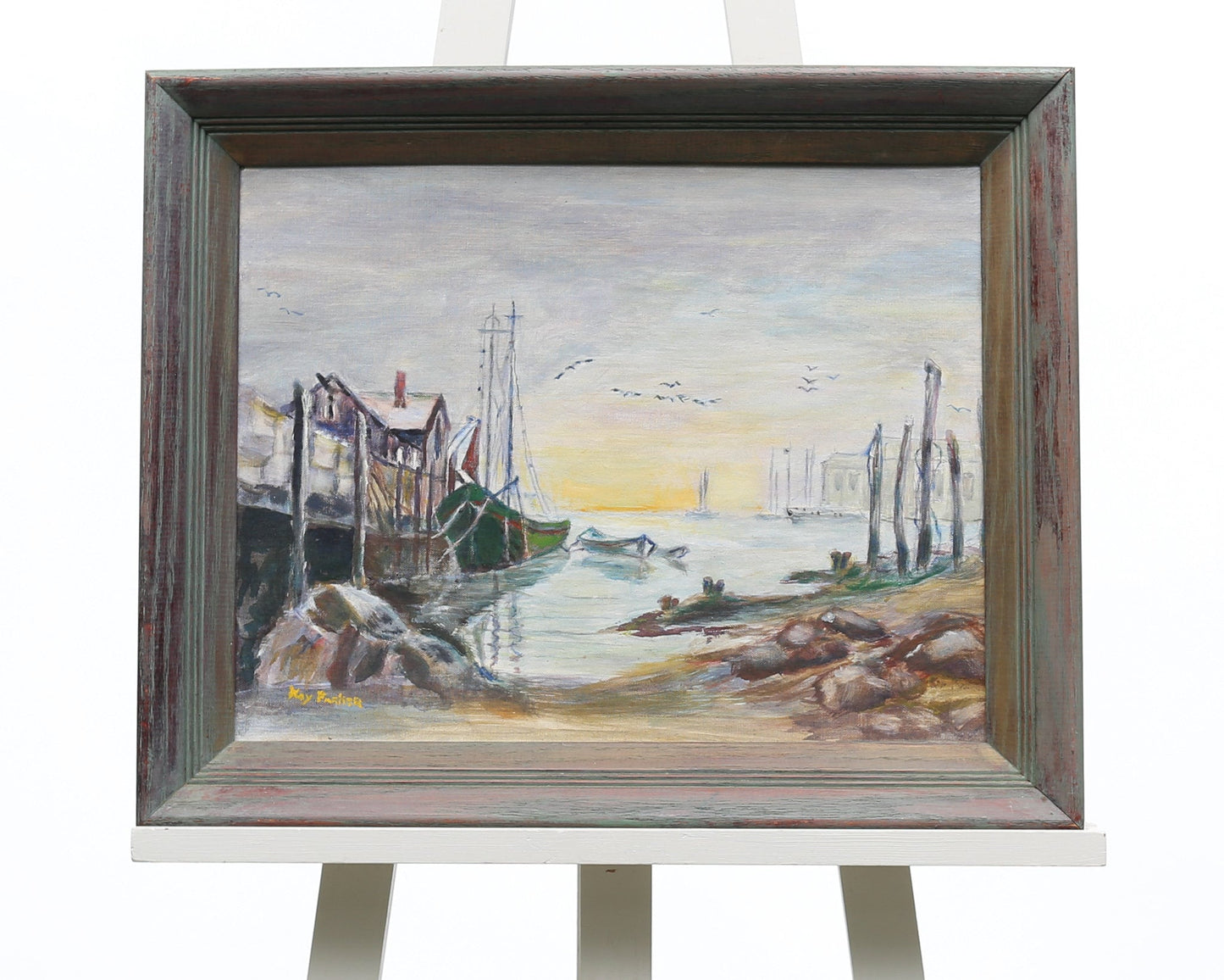 Painting New England Harbor Scene Kay Parker Signed Oil Framed Original 1959