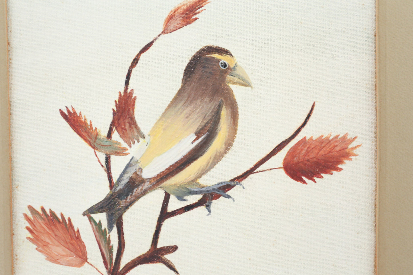 Bird Paintings Pair Evening Grosbeak Eastern Towhee Original Oil Canvas Naive