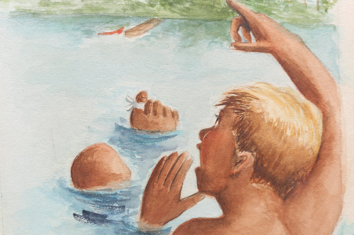 Boys Playing in Lake Watercolor Gouache Painting Louise Rosen II