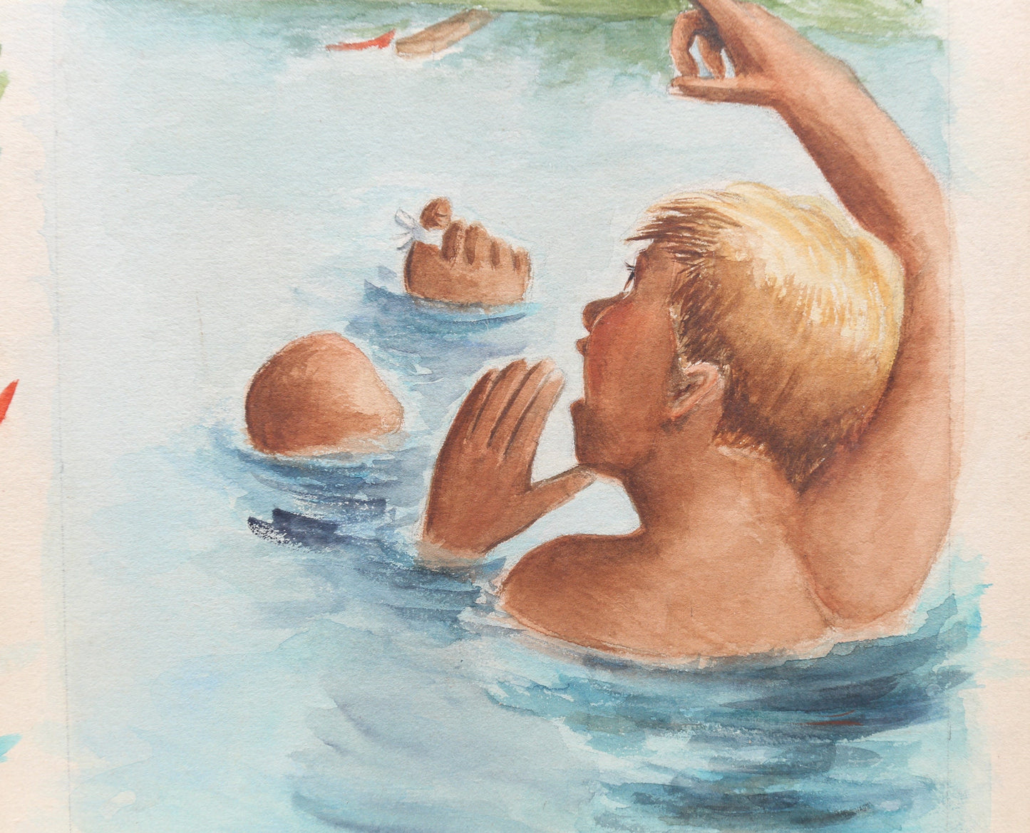 Boys Playing in Lake Watercolor Gouache Painting Louise Rosen II